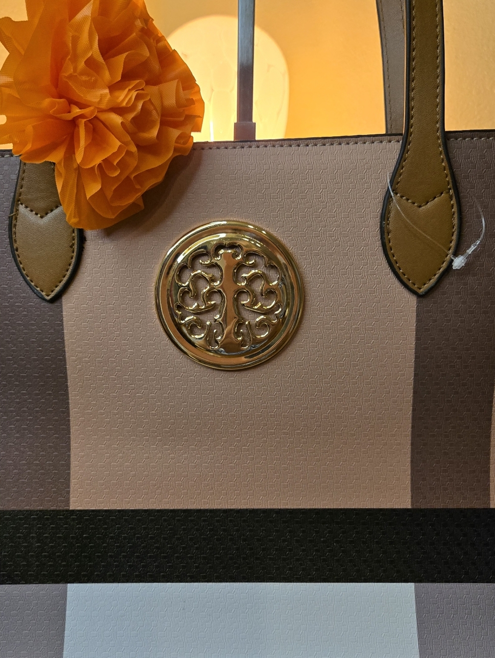 Deluxity Like New Taupe and Black Stripe Tote Bag with Gold Emblem - Picture 9 of 11